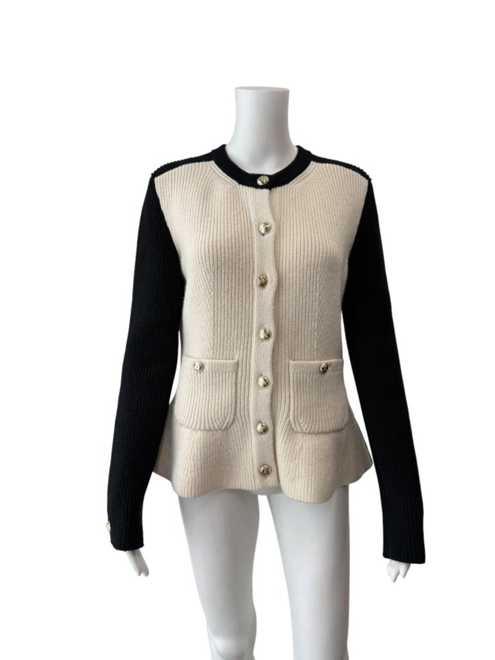 $3800 Chanel 2020 Black White Knit Ribbed Peplum Cardigan Sweater size 6/FR 38